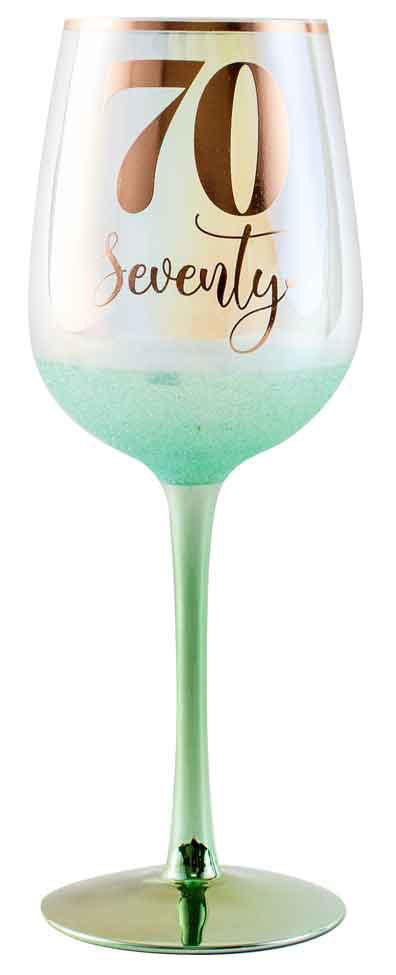Elegant 430ml wine glass with glitterati design for celebrating a 70th birthday, perfect for any festive occasion.