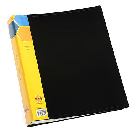 Black A4 display book with 60 clear pockets, ideal for organizing and showcasing documents and presentations.