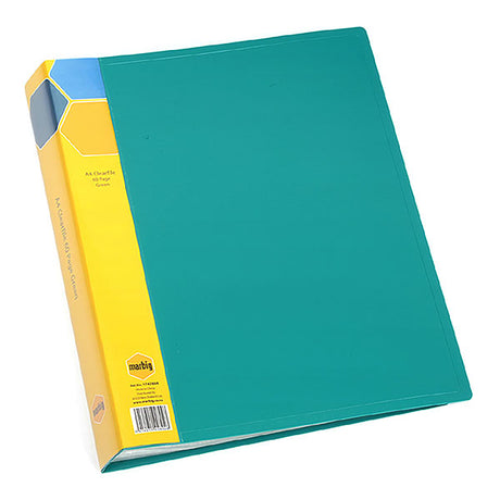 Marbig Display Book in green with 60 clear pockets and customizable spine for organizing documents and presentations.