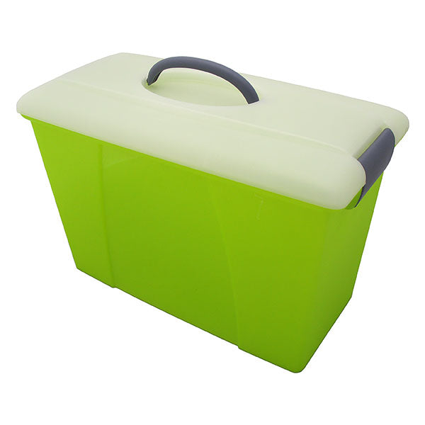 Acco Carry Case in green/clear, 18L capacity for suspension files, features internal rails and a translucent design for easy viewing.