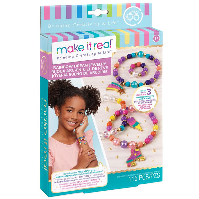 DIY charm bracelet kit with 70 colorful beads, gold accents, and charms for kids ages 8+, promoting creativity and self-expression.