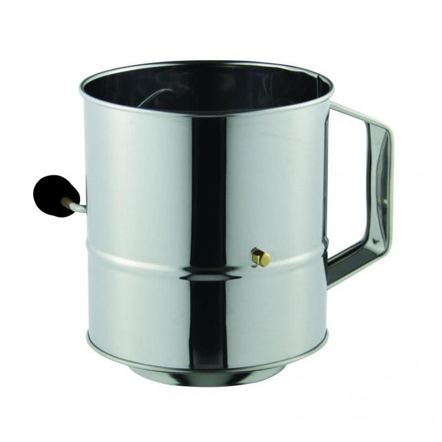 Stainless steel 5-cup flour sifter with crank handle for easy, efficient sifting of flour and dry ingredients.