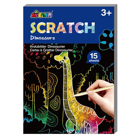 Mini scratch book featuring 15 dinosaur outlines and a scratching tool, perfect for kids aged 3 and up.