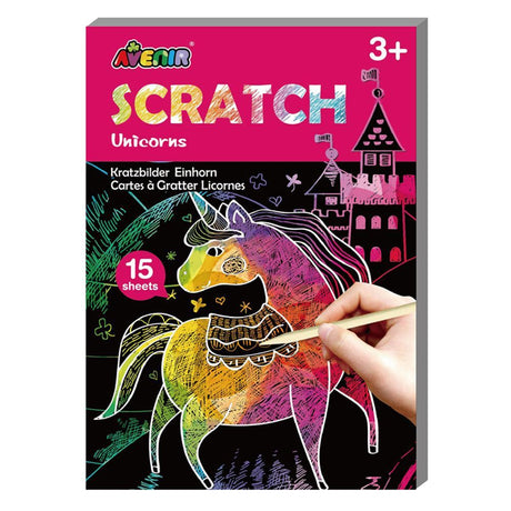 Mini scratch book featuring 15 unicorn designs for creative kids, includes scratching tool for colorful artworks.