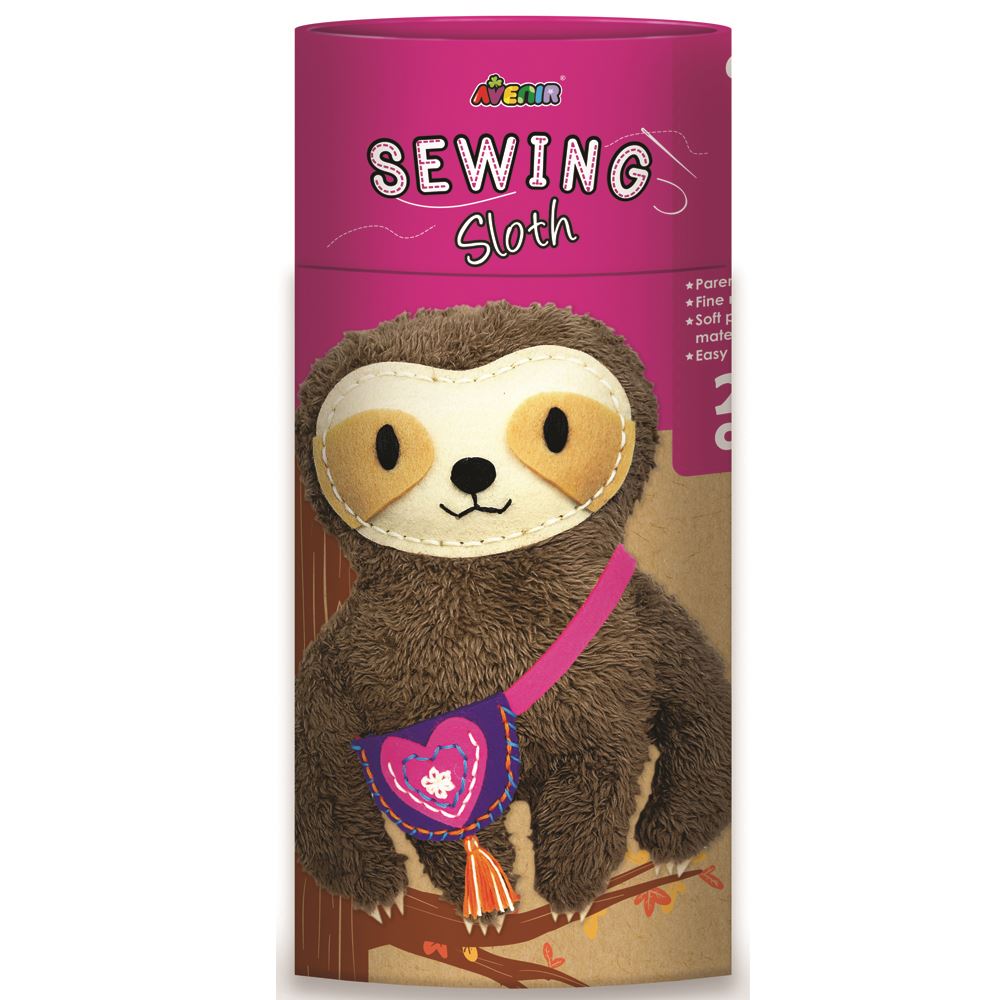 Avenir Sewing Sloth kit with pre-cut fabric, stuffing, and yarn for kids to create a 26cm plush sloth toy.