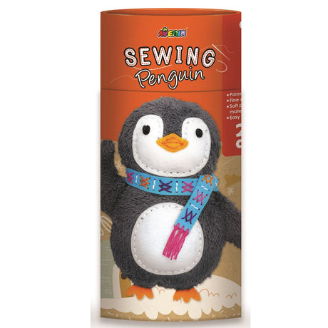 Avenir Sewing Penguin kit with pre-cut fabric, stuffing, yarn, and needle for creating a 26cm stuffed toy. Suitable for ages 6+.