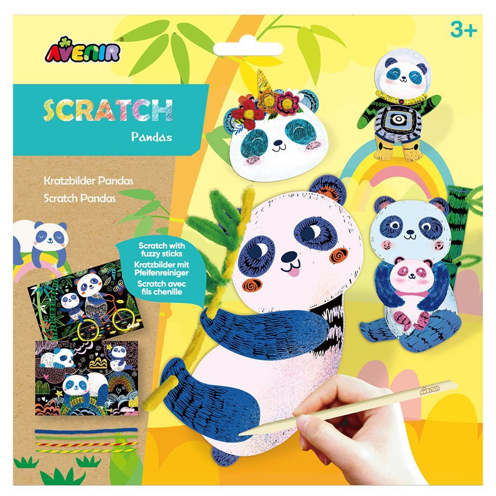 Scratch art set featuring pandas, vibrant colors, and fuzzy sticks for kids' creative exploration and skill development.