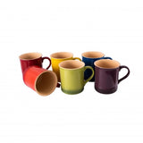 Vibrant 6-piece stoneware mug set in Bordeaux, Red, Yellow, Apple, Blue, and Plum, perfect for hot or cold beverages.