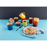 Vibrant stoneware mug set in Bordeaux, Red, Yellow, Apple, Blue, and Plum, perfect for hot and cold drinks.