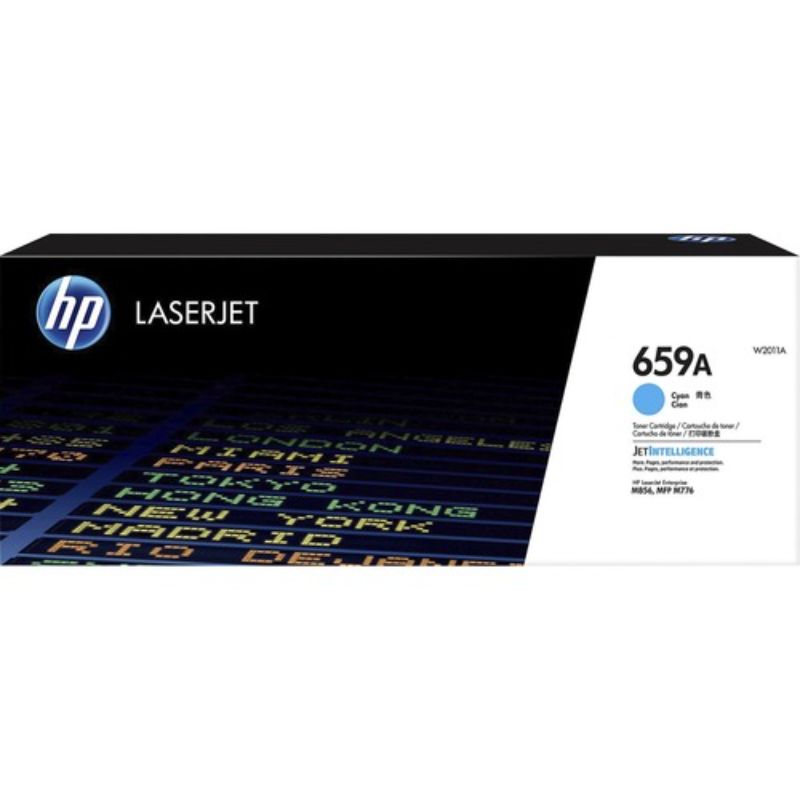 HP 659A Cyan toner cartridge for laser printers, prints 13,000 pages with vivid color using advanced HP technology.