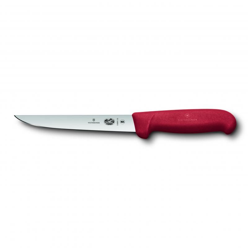 Victorinox 15cm boning knife with wide stainless steel blade and ergonomic red Fibrox handle for precise meat preparation.