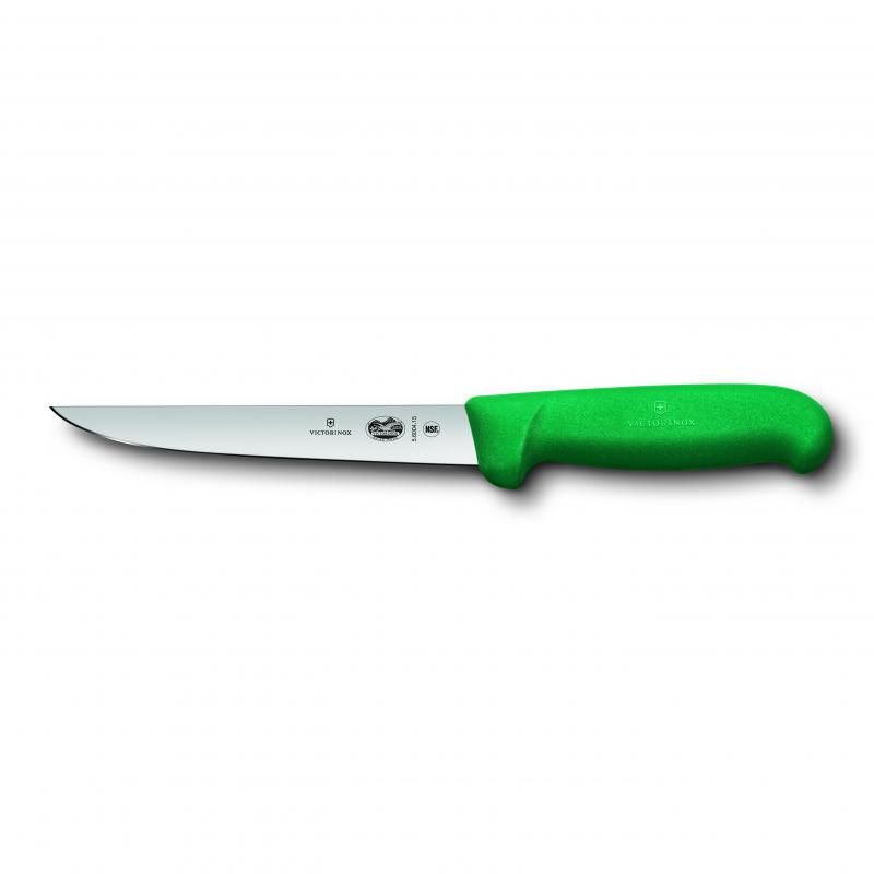 Victorinox 15cm boning knife with green Fibrox handle, stainless steel blade for precise meat deboning and comfortable grip.