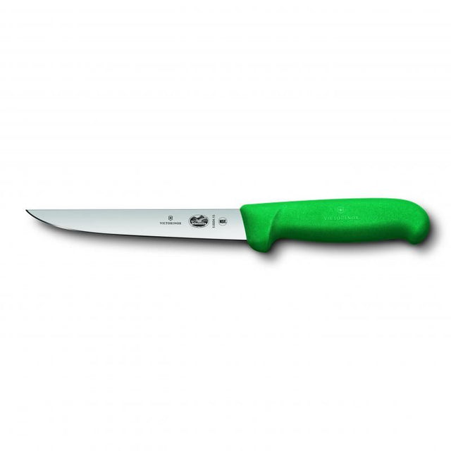 Victorinox 15cm boning knife with green Fibrox handle, stainless steel blade for precise meat deboning and comfortable grip.