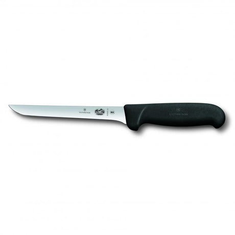 Victorinox boning knife with 15cm stainless steel blade and comfortable Fibrox handle, ideal for precise meat preparation.