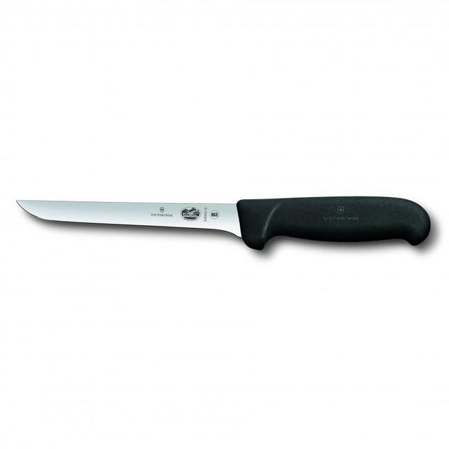 Victorinox boning knife with 15cm stainless steel blade and comfortable Fibrox handle, ideal for precise meat preparation.