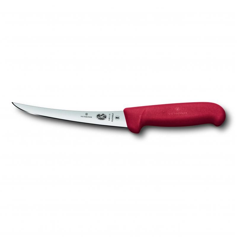 Victorinox 15cm boning knife with red Fibrox handle; curved, flexible blade for precise deboning of meat and fish.