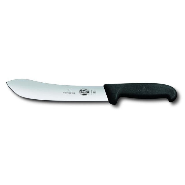 Victorinox 20cm butchers knife with wide blade point and ergonomic black Fibrox handle for precision meat cutting.