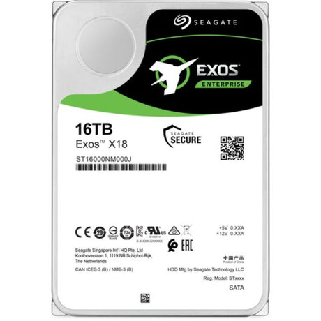 Seagate Exos X18 16TB hard drive, 3.5" SATA, designed for enterprise storage with high capacity and performance features.