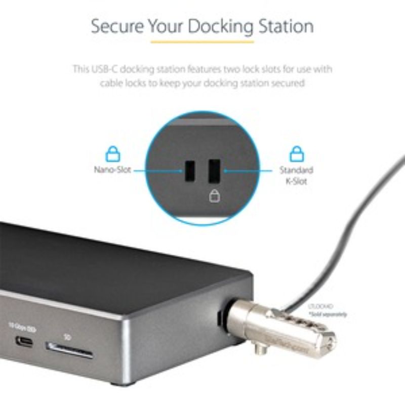 StarTech.com USB-C docking station with triple 4K output, 100W Power Delivery, six USB ports, SD slot, and Ethernet.