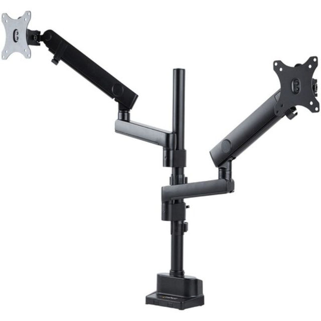 Dual monitor arm in matte black, supports up to 32" screens with adjustable height, tilt, and swivel for ergonomic workspace.