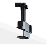 Dual monitor arm in matte black supporting up to 32" displays, adjustable height, and versatile installation options.