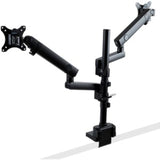 Matte black dual monitor arm for 32" displays, adjustable height, full-motion articulation, supports 15.97 kg, versatile VESA mounts.