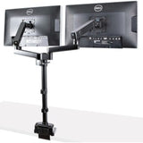 Dual monitor arm in matte black, supporting displays up to 32", with adjustable height and full-motion articulation features.