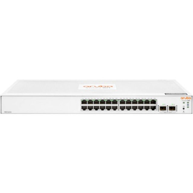 Aruba Instant On 1830 switch with 24 Gigabit Ethernet ports and 2 SFP slots for flexible, budget-friendly networking solutions.