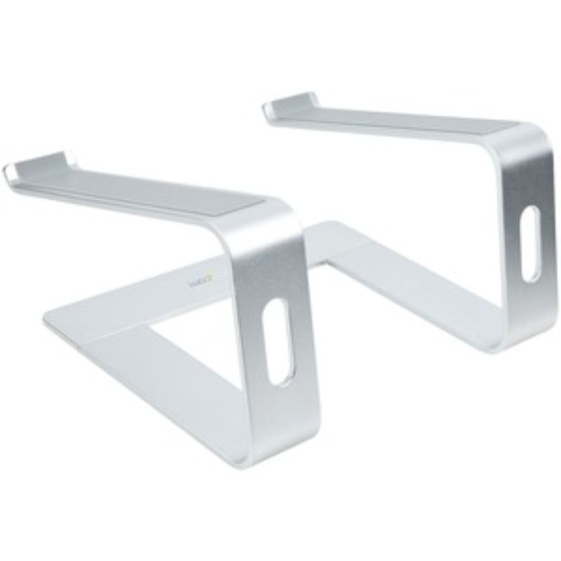 Silver aluminum laptop stand supporting up to 17" screens, ergonomic tilt, and cable management for a tidy workspace.