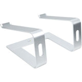 Silver aluminum laptop stand supporting up to 17" screens, ergonomic tilt, and cable management for a tidy workspace.