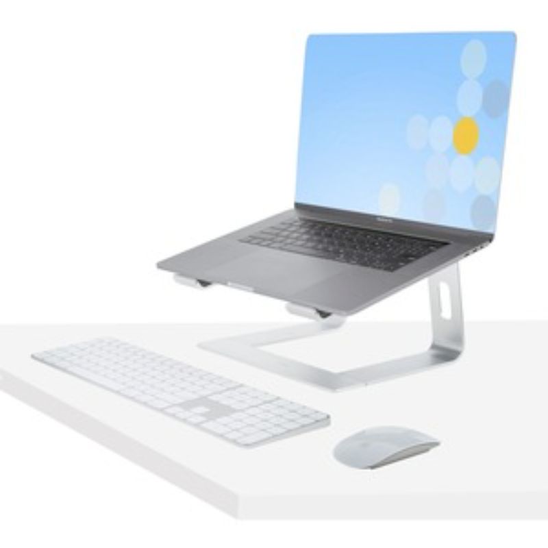 Sleek aluminum laptop stand supports up to 50 kg, ideal for enhancing workspace ergonomics and organization.