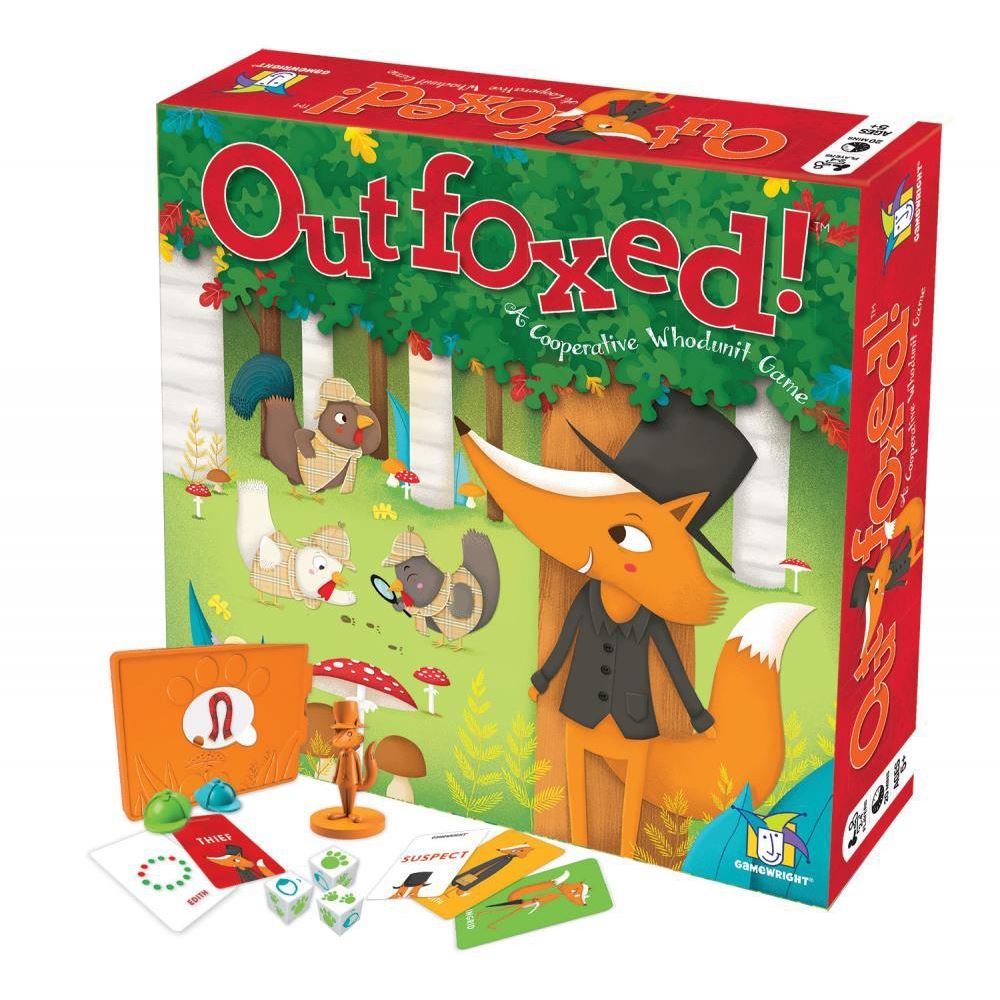 Cooperative board game Outfoxed! where players gather clues to find a missing pot pie from a crafty fox.