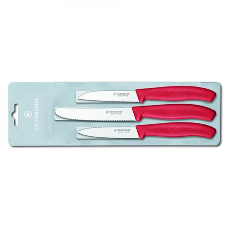 Victorinox Classic Red Paring Knife Set (3pcs) featuring stainless steel blades and ergonomic handles for versatile culinary tasks.