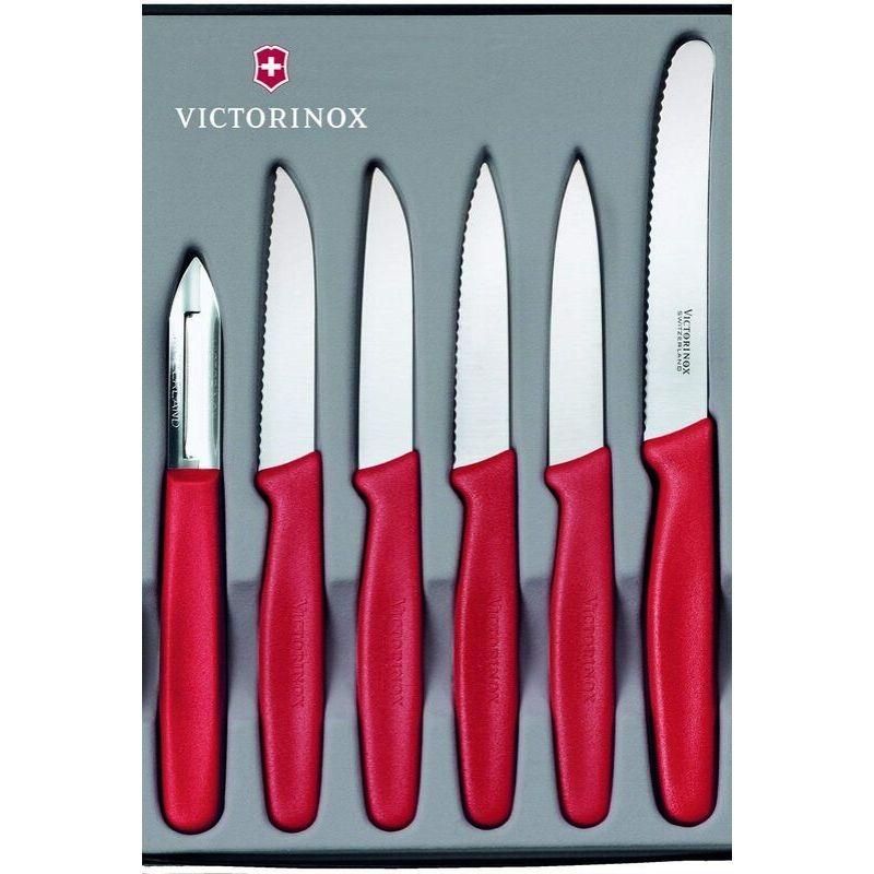 Victorinox Swiss Classic Red Paring Knife Set (6pcs) featuring sharp stainless steel blades and ergonomic handles for precise food prep.