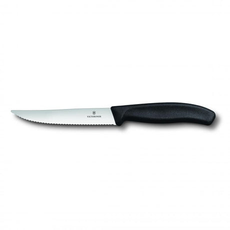 Victorinox 12cm wavy edge knife with ergonomic handle, perfect for slicing steak and pizza effortlessly.