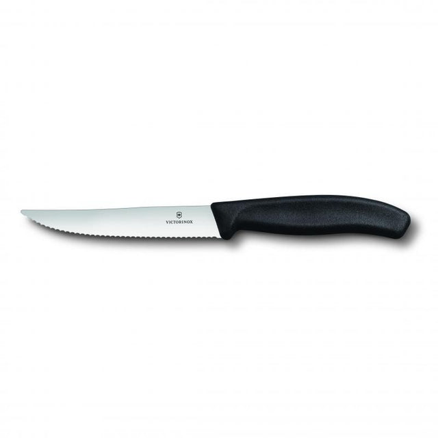 Victorinox 12cm wavy edge knife with ergonomic handle, perfect for slicing steak and pizza effortlessly.