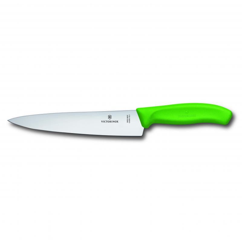 Victorinox 19cm carving knife with green ergonomically designed handle for precise slicing of meats, fruits, and vegetables.