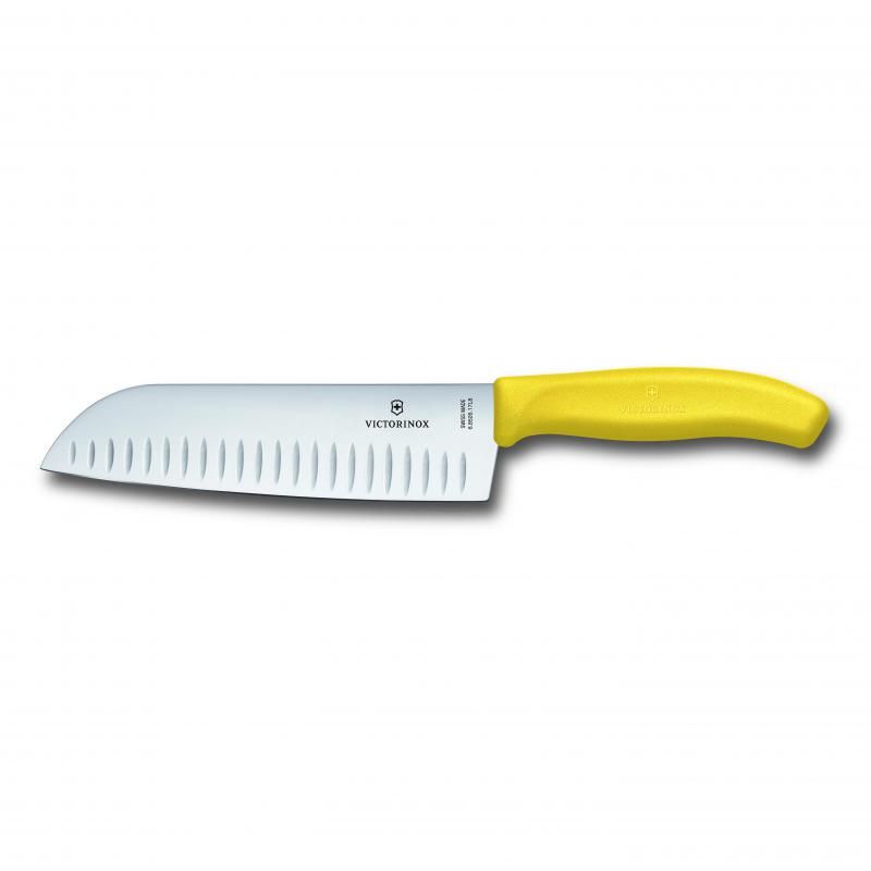 Yellow Victorinox Santoku knife with fluted edge, 17cm blade, designed for precision slicing, dicing, and comfortable grip.