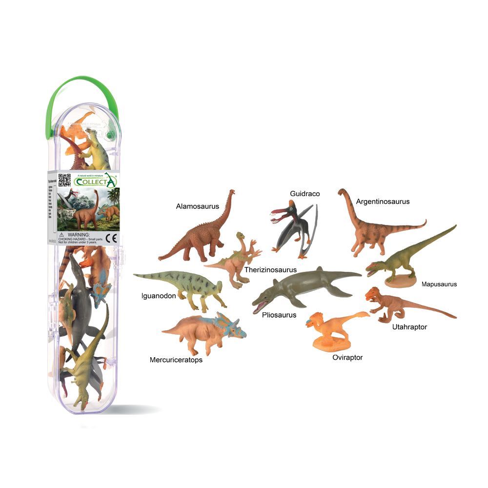 Detailed tube containing 10 mini dinosaur figurines, each about 2.7 x 4.2 cm, perfect for creative and educational play.