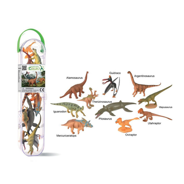 Detailed tube containing 10 mini dinosaur figurines, each about 2.7 x 4.2 cm, perfect for creative and educational play.