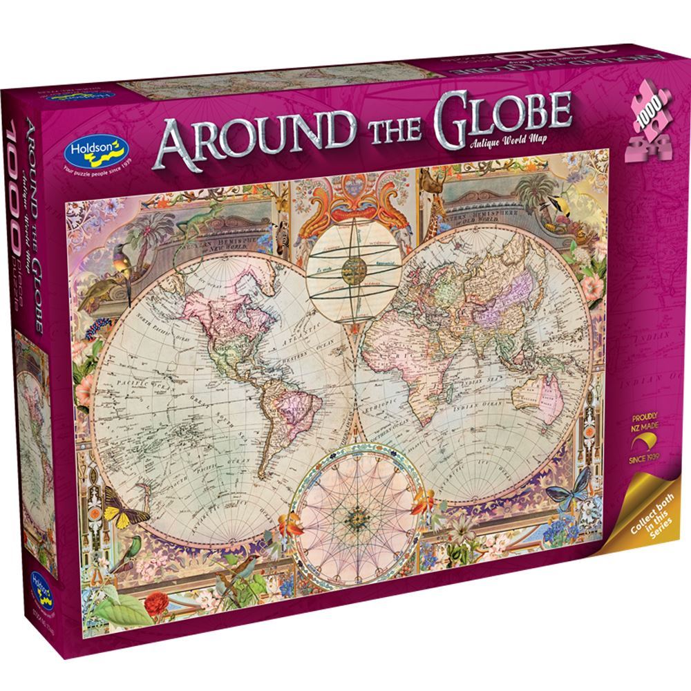 Holdson 1000pc puzzle featuring an intricate antique world map, perfect for history lovers and puzzle enthusiasts.