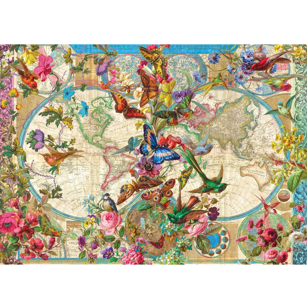 Colorful 1000-piece puzzle featuring vibrant birds, butterflies, and flowers, perfect for nature lovers and puzzle enthusiasts.