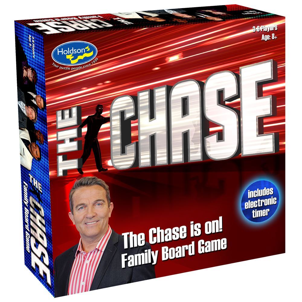 Family board game featuring The Chase, includes electronic timer, Chasers, money tokens, and quiz questions for 3-6 players.