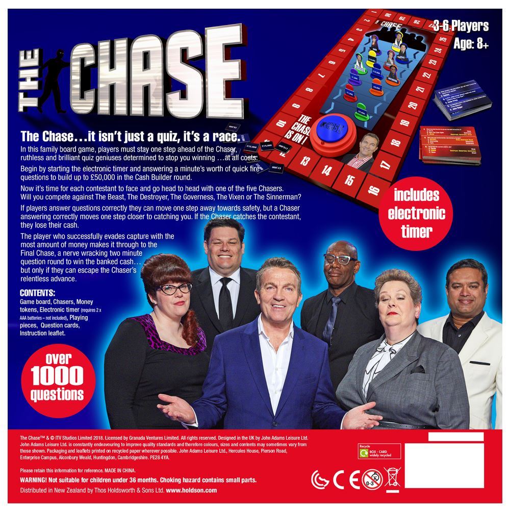 "Challenging board game where players outsmart Chasers while answering questions to win cash prizes."