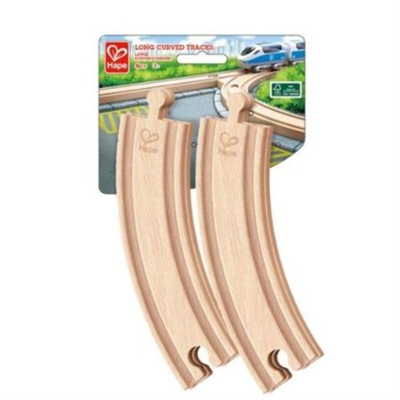 Hape Long Curved Train Track set (4pcs) designed for creative play, enhances train layouts with smooth transitions for ages 3+.