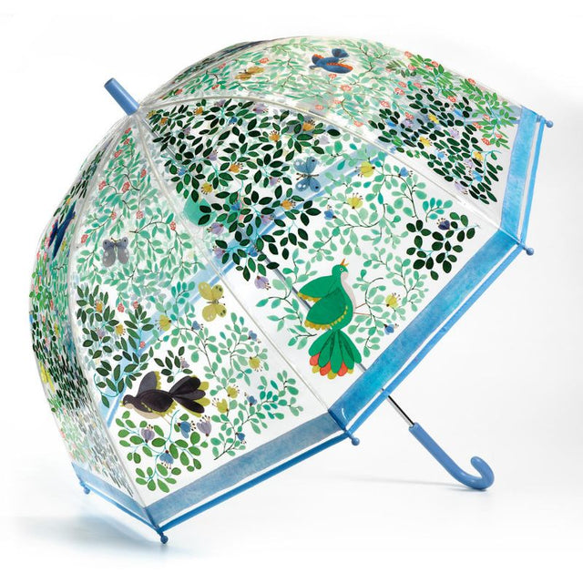 Chic Wild Birds umbrella set of 3 with transparent canopy and vibrant bird illustrations for stylish rainy day outings.