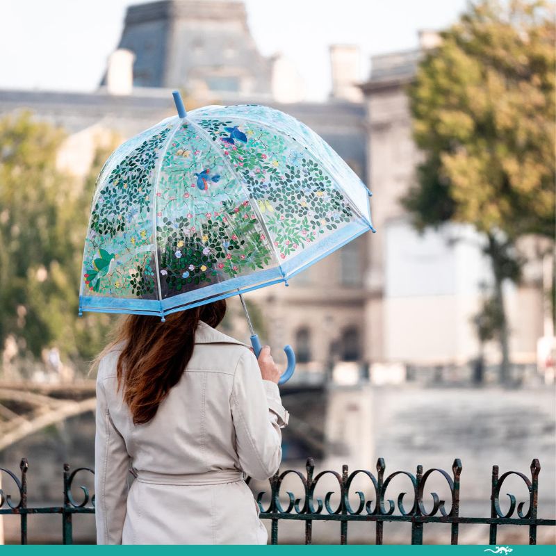 Set of 3 colorful umbrellas featuring vibrant wild bird illustrations and a transparent canopy for rain protection.