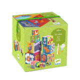 Colorful cardboard blocks for kids, promoting creativity through stacking and tumbling, with whimsical illustrations.