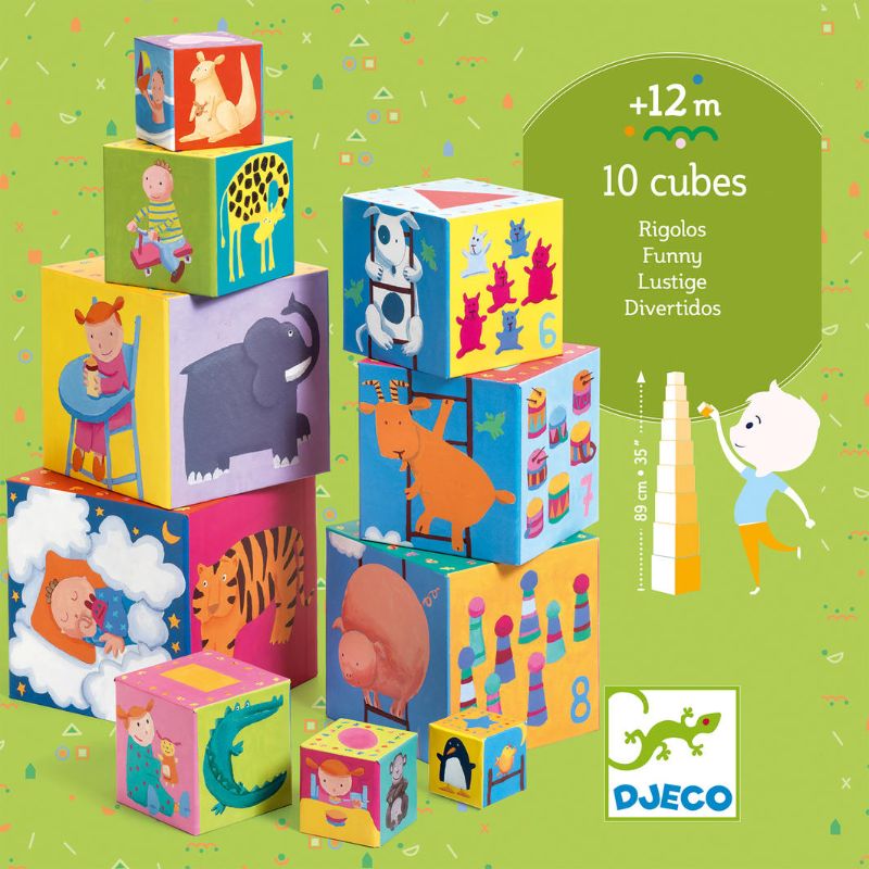 Colorful 10 Funny Blocks made of sturdy cardboard, designed for stacking and creative play, perfect for kids ages 3 and up.