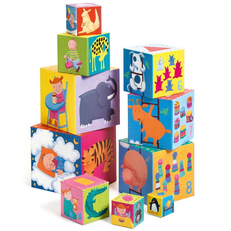 Colorful cardboard blocks designed for stacking and tumbling, promoting creativity and fine motor skills in kids.